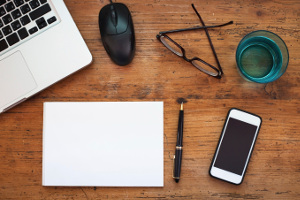 learning online, school supplies on the wooden table