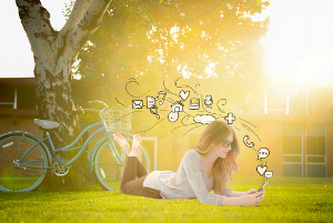 Woman relaxed using phone with icons